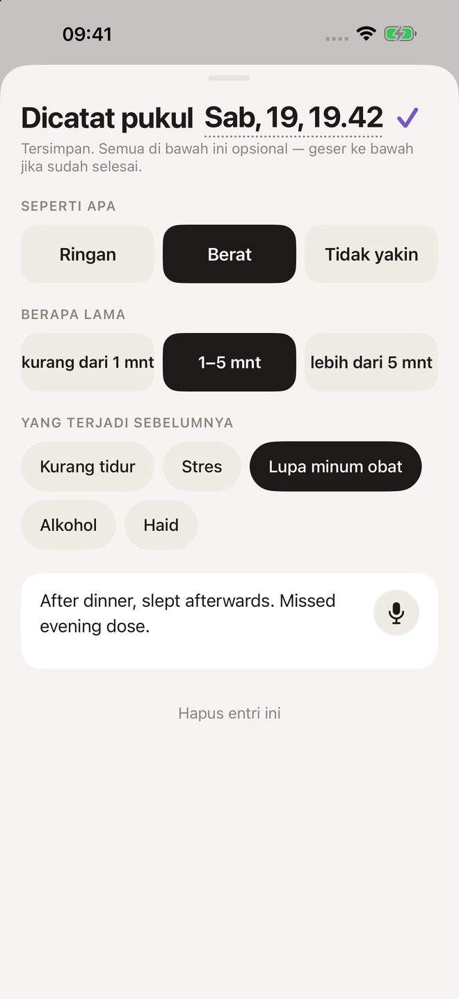 Lembar catatan: seperti apa, berapa lama, apa yang terjadi sebelumnya, catatan