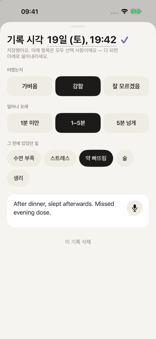 기록 시트: 어땠는지, 얼마나 오래, 그 전에 있었던 일, 메모