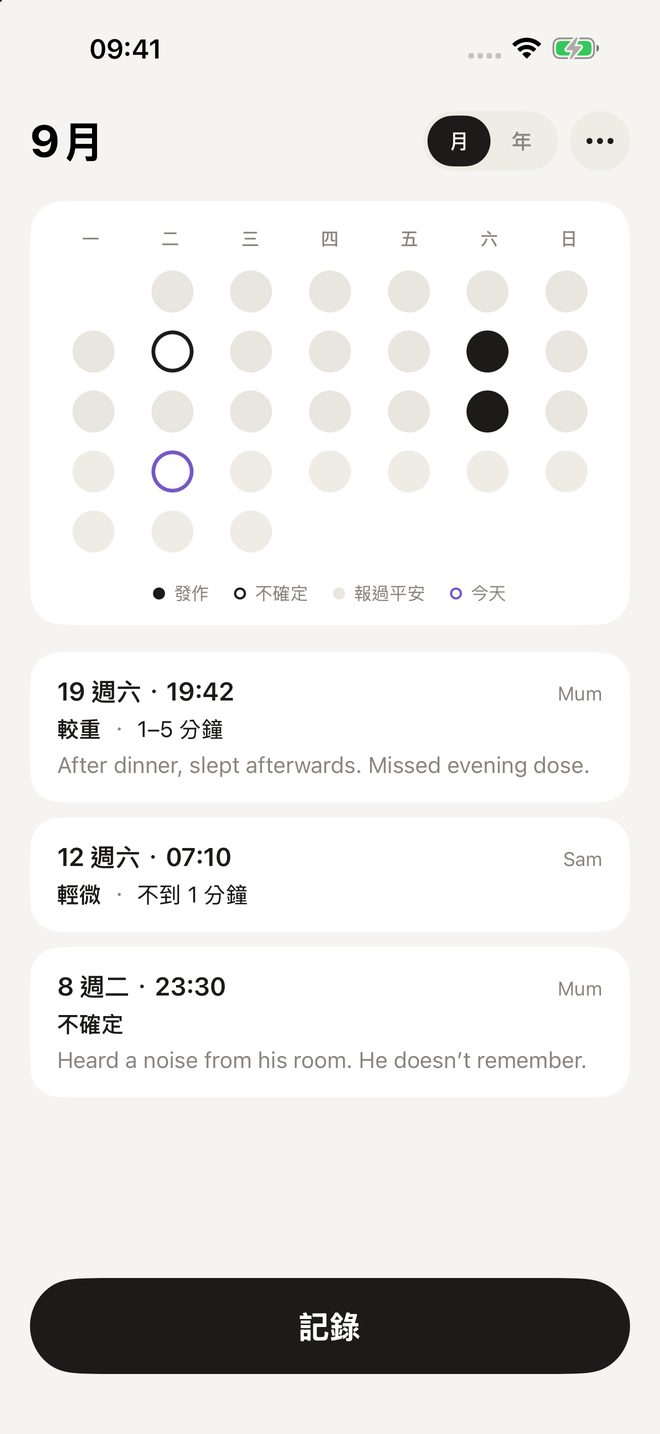 一個月的日子以圓點呈現，下方是記錄列表